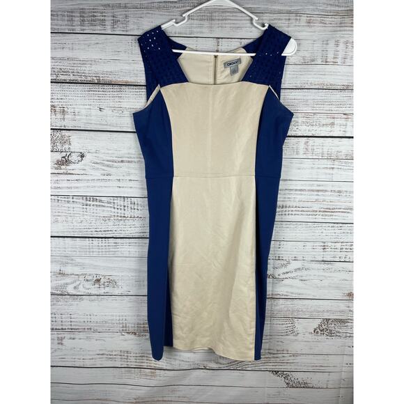 DKNY Blue & Cream Linen Shift Knee Length Dress 8 Coastal Neutral Wedding Beachy - Picture 1 of 8